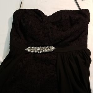 High, low black lace dress